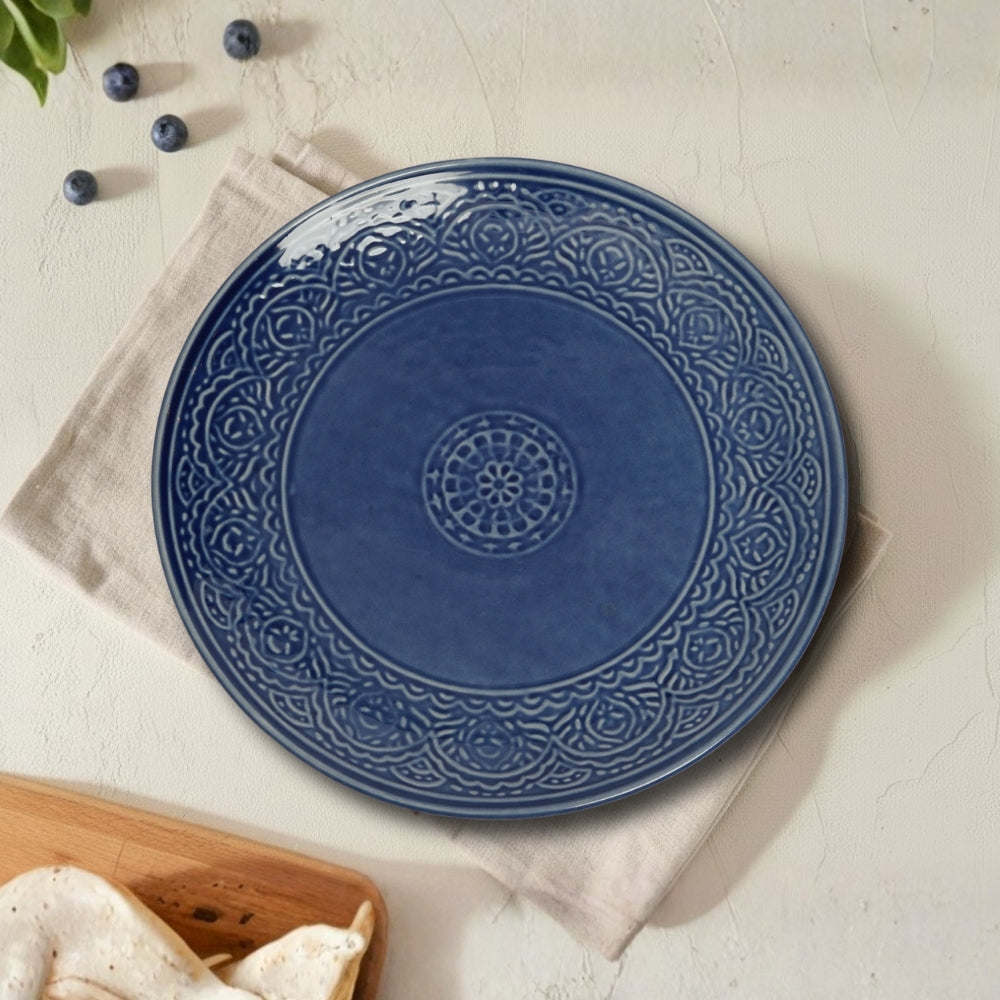 royal blue embossed ceramic round platter elegant serveware for snacks desserts and stylish dining presentation